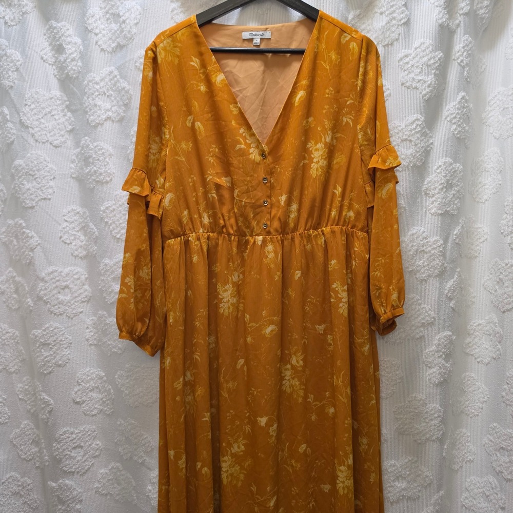 Madewell Mustard Yellow Floral Midi Dress Womens 14 Button Front Ruffle Sleeve